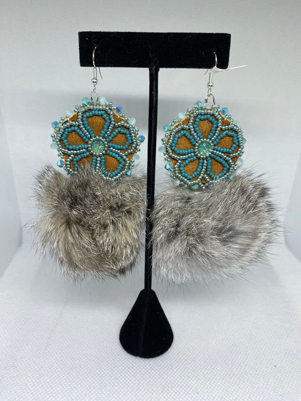 Beaded Flower with Pom (Moosehide with Rabbit Fur)