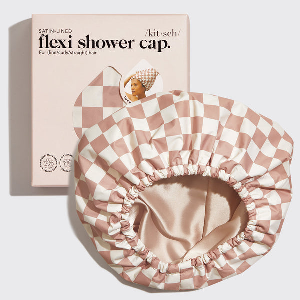 KITSCH Satin Lined Flexi Shower Cap - Terracotta Checker