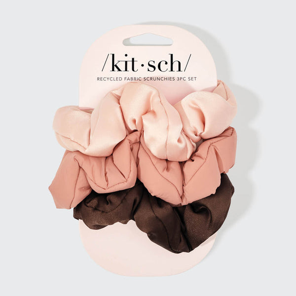 KITSCH Recycled Fabric Puffy Scrunchies 3Pc Set - Rosewood