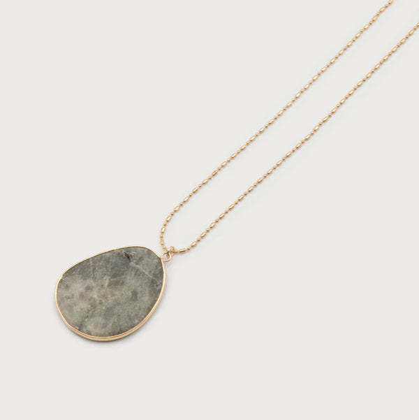 Grey & Gold Long Chain with Natural Stone Pendant
