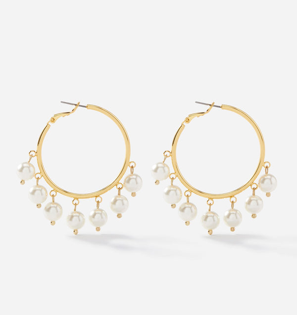 Lg Gold Hoops with Dangling Pearl