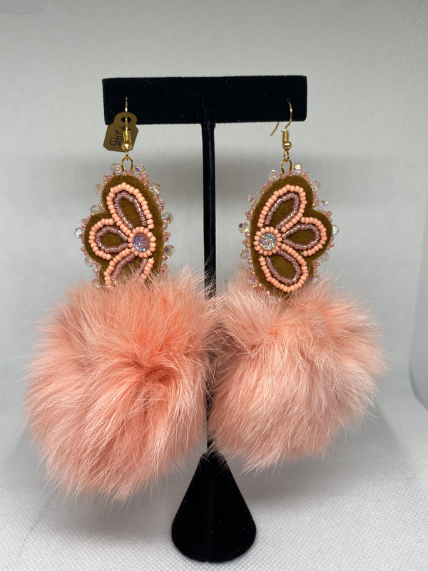 Beaded Half-Flower with Pom (Moosehide with Rabbit Fur)