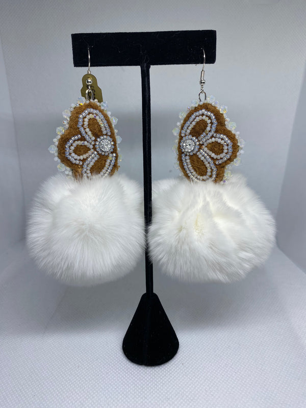 Beaded Half-Flower with Pom (Moosehide with Rabbit Fur)